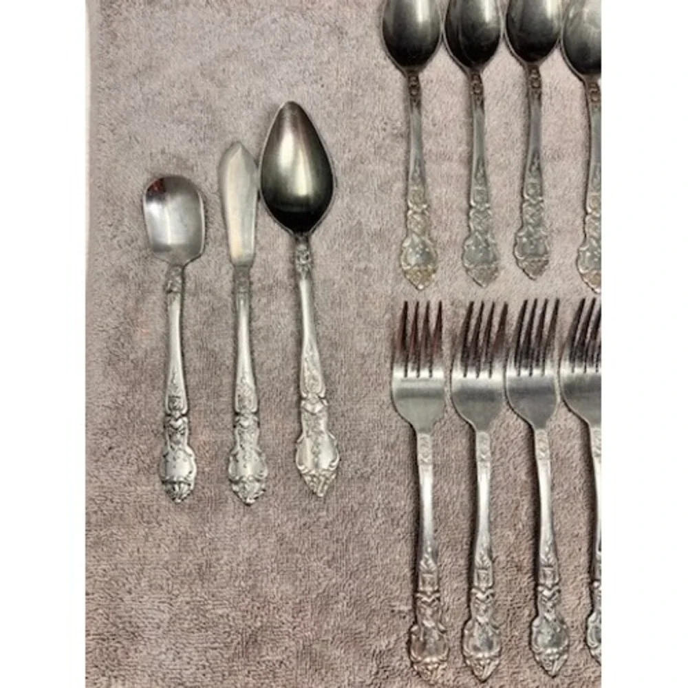 Vtg National Stainless Flatware Set 22pc Silverware Rose Floral Pattern Korea